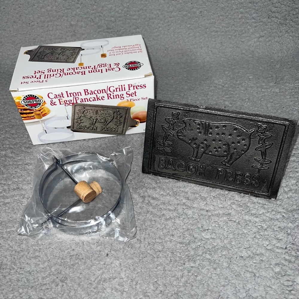 NIB Norpro Cast Iron Bacon Grill Press & Egg/Pancake‎ Ring Set 3 Piece Set #1399